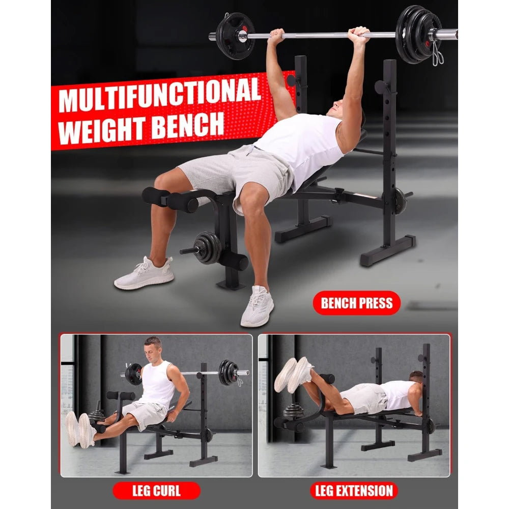 Weight Bench Set with Squat Rack & Leg Extension Curl, 600LBS Adjustable Foldable for Home Gym Full Body Training