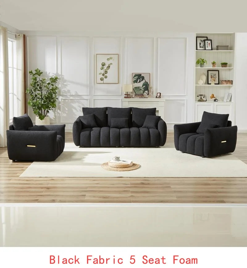 Modern Combo Sofa Set: 3-Seater + 2 Single Chairs, Teddy Fabric, Wooden Frame, 5 Cushions, Ideal for Apartments and Living