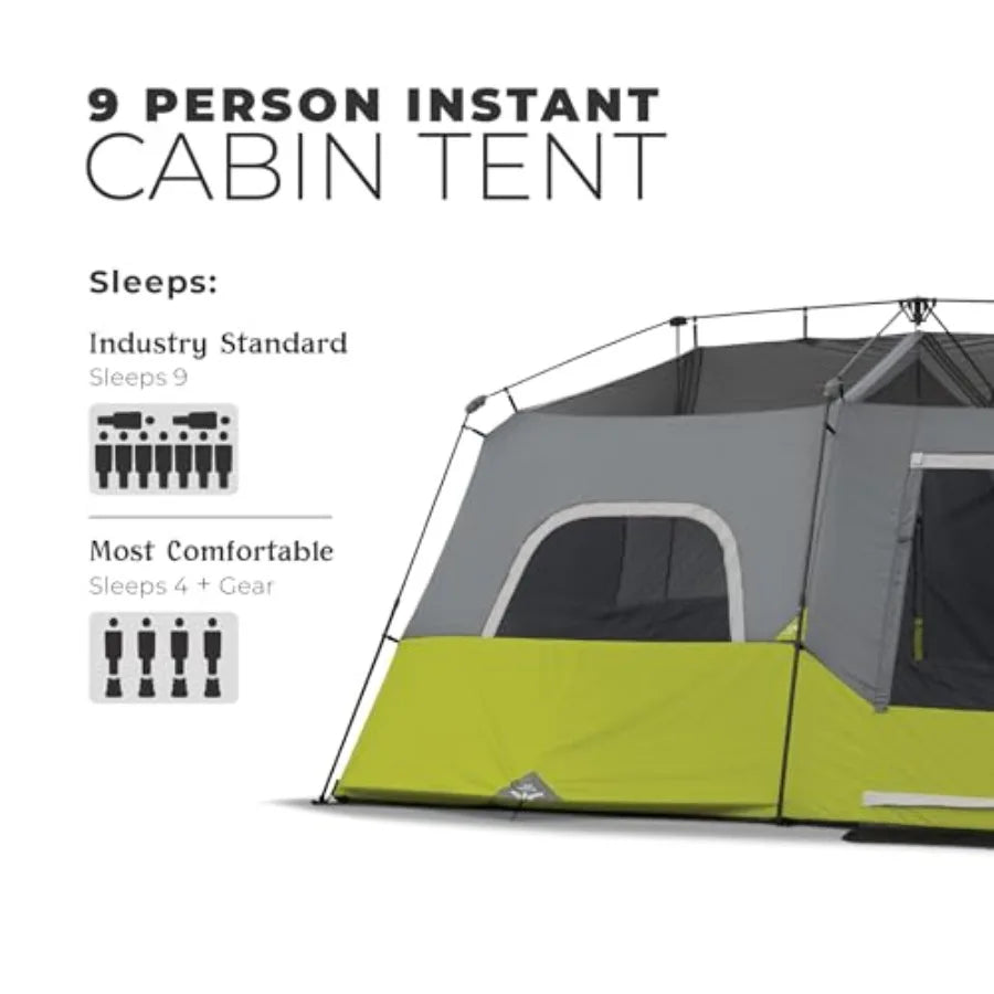 9 Person Instant Cabin Tent for Outdoor Camping and Family Gatherings - 14' x 9' Green with Quick Setup Durable Waterproof Fabr