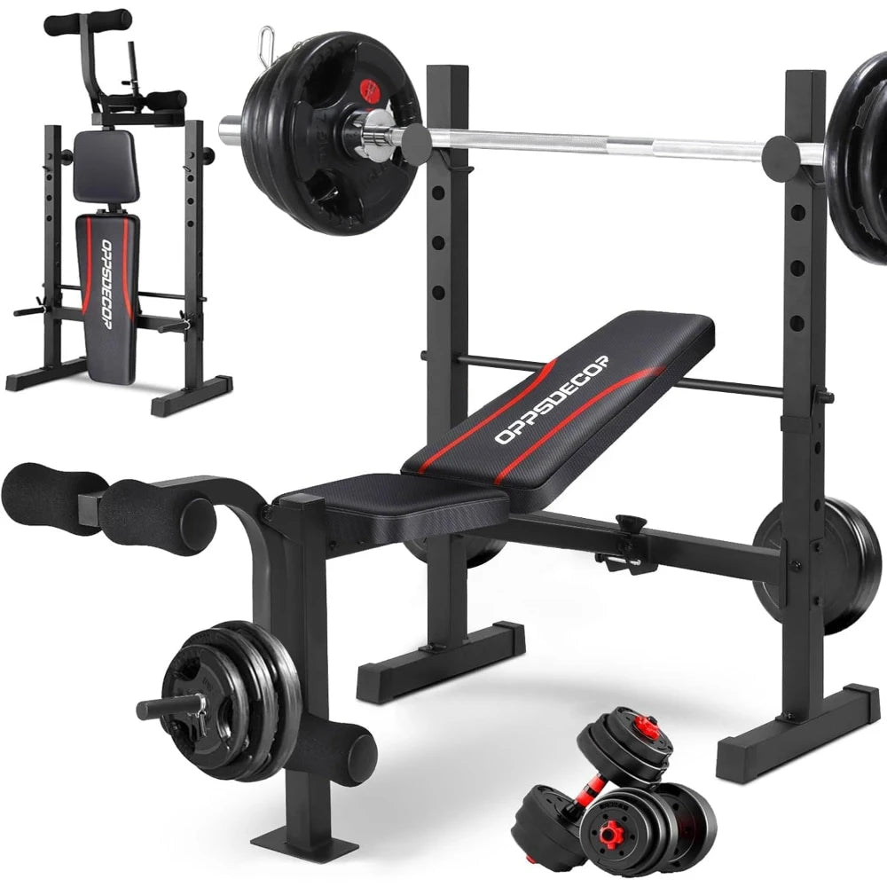 Weight Bench Set with Squat Rack & Leg Extension Curl, 600LBS Adjustable Foldable for Home Gym Full Body Training
