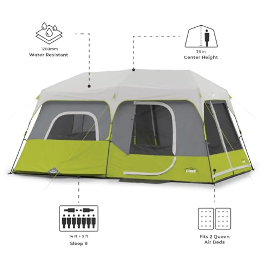 9 Person Instant Cabin Tent for Outdoor Camping and Family Gatherings - 14' x 9' Green with Quick Setup Durable Waterproof Fabr