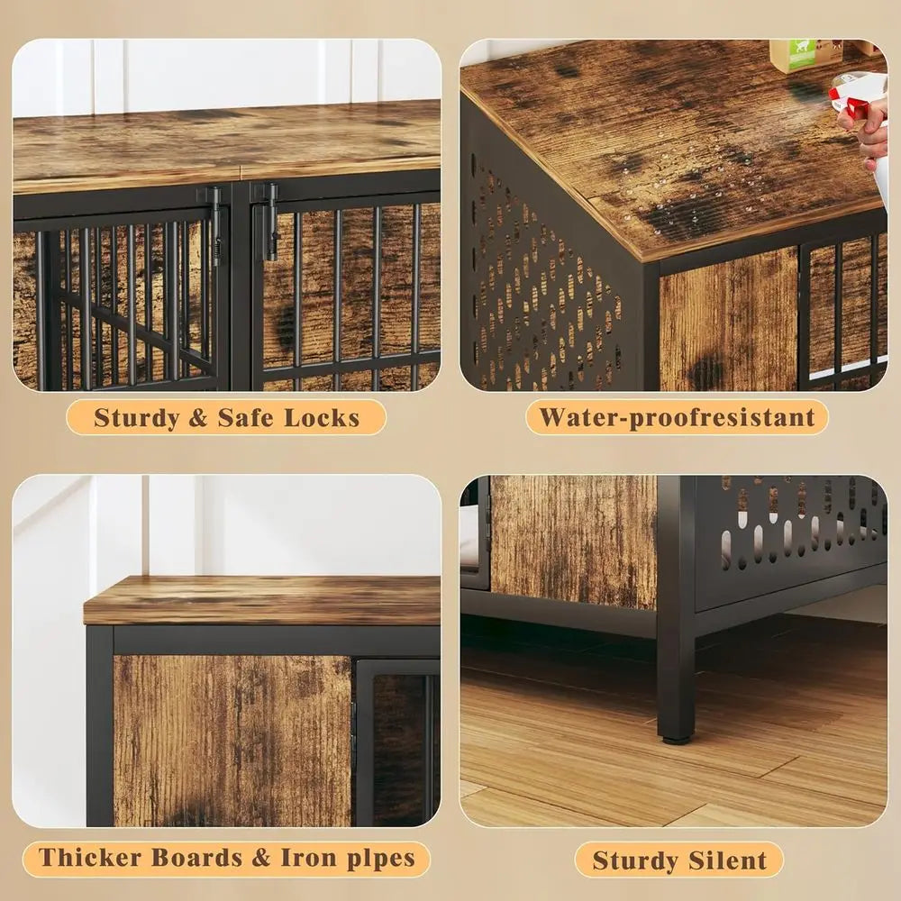 63" Large Double Dog Kennel Furniture for 2 Dogs – Extra Sturdy XXL Metal & Wooden Medium Dog Cage with Removable Divider, Dual