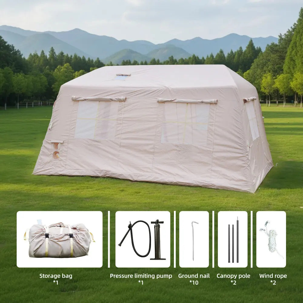 Inflatable Camping Tent 11㎡ Easy Setup Waterproof Oxford 4-Season Hand Pump for 4-8 Adults