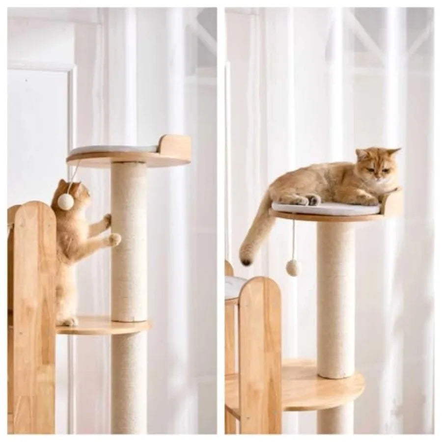 72-Inch Modern Cat Tree Tower Condo for Large Cat Natural Rubber Multi-Level Ladder with Hammock Sisal Scratching Post Large Pe