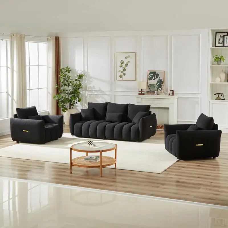 Modern Combo Sofa Set: 3-Seater + 2 Single Chairs, Teddy Fabric, Wooden Frame, 5 Cushions, Ideal for Apartments and Living