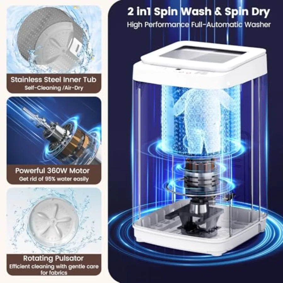 14 lbs Portable Washing Machine Fully Automatic Compact Washer with Glass Lid 10 Wash Cycles Spin Dryer Combo with Drain Pump f