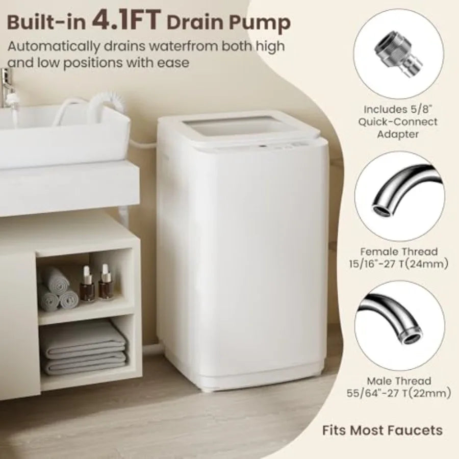 14 lbs Portable Washing Machine Fully Automatic Compact Washer with Glass Lid 10 Wash Cycles Spin Dryer Combo with Drain Pump f