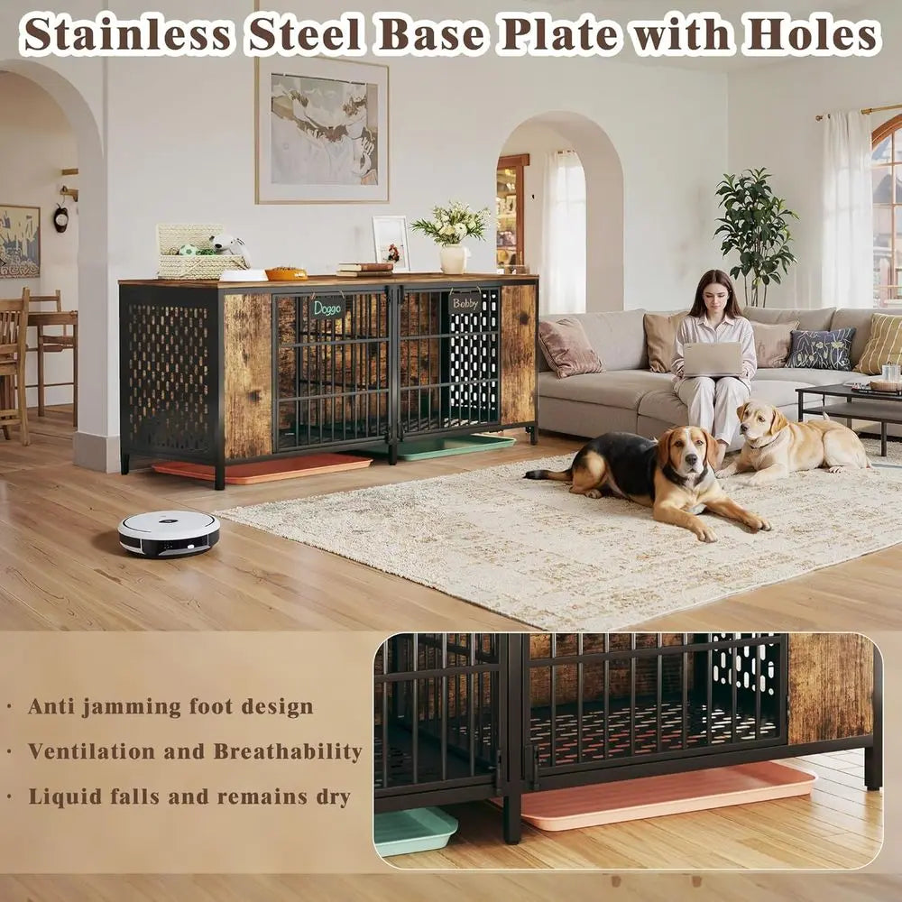 63" Large Double Dog Kennel Furniture for 2 Dogs – Extra Sturdy XXL Metal & Wooden Medium Dog Cage with Removable Divider, Dual
