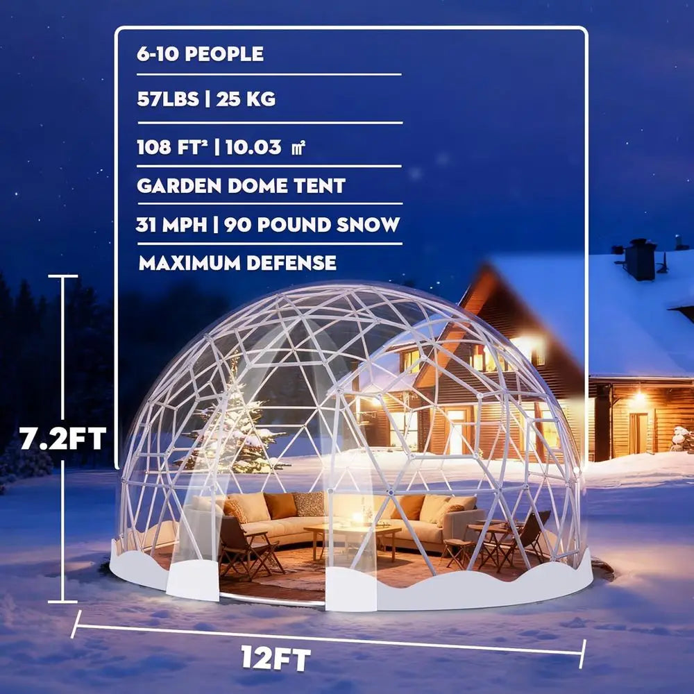 12.5T Geodesic Clear PVC Garden Dome Tent, Waterproof Bubble House with 2 x 10M Light Strings for Outdoor, Patio, Party (White E