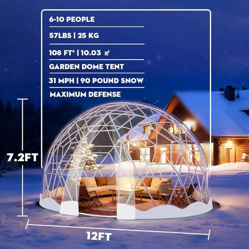 12.5T Geodesic Clear PVC Garden Dome Tent, Waterproof Bubble House with 2 x 10M Light Strings for Outdoor, Patio, Party (White E