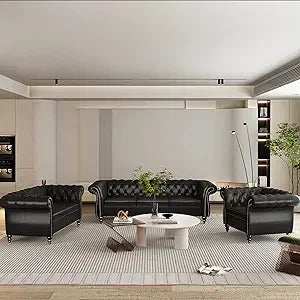3 Piece Living Room Set, Velvet Chesterfield Sofa Loveseat Couch Chair with Scroll Arms and Nailhead for Living Room, Office (Bl