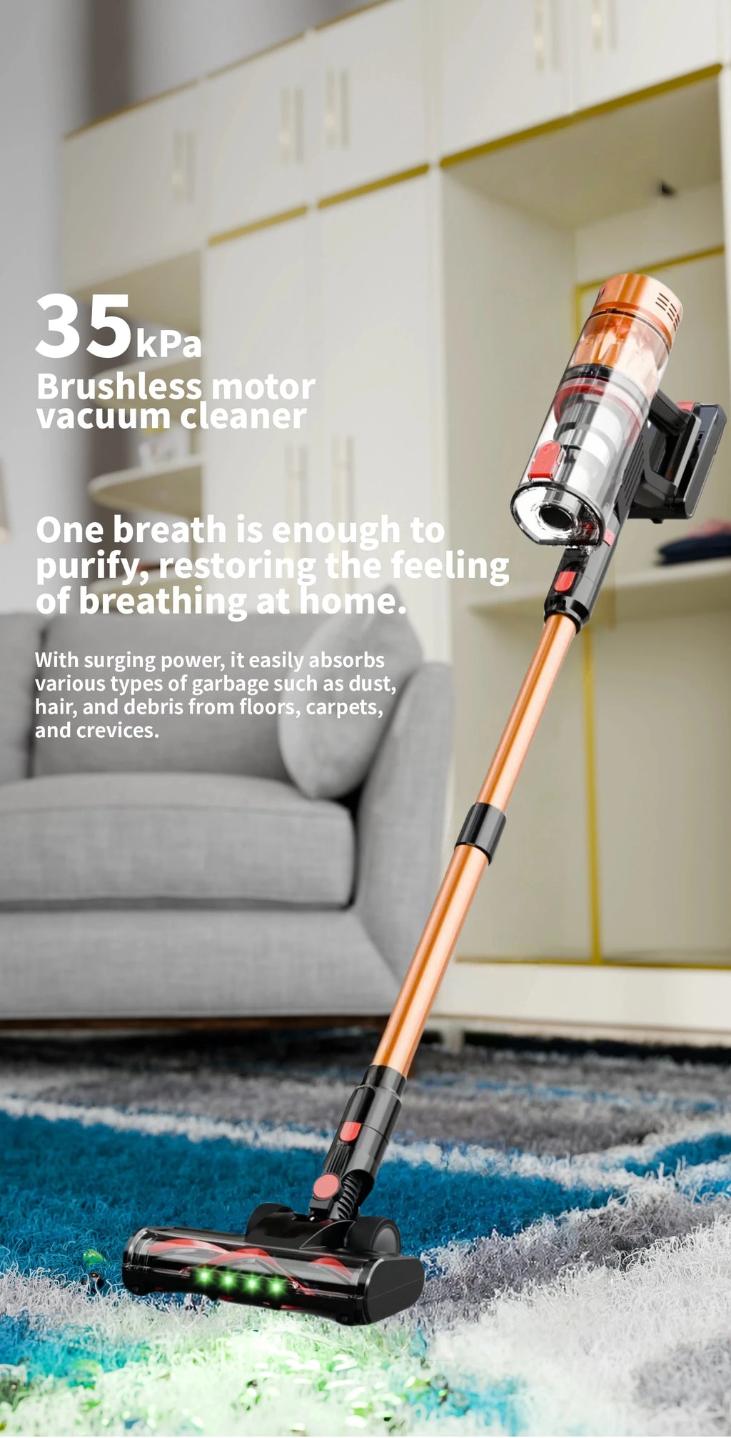 Cordless Vacuum Cleaner, 550W 35KPA Cordless Stick Vacuum Cleaner With Touch Screen, Self-Standing for Home/Pet Hair/Carpets