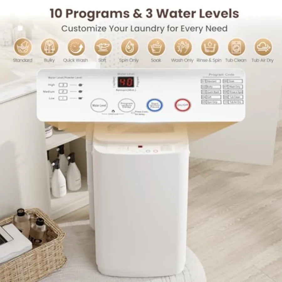 14 lbs Portable Washing Machine Fully Automatic Compact Washer with Glass Lid 10 Wash Cycles Spin Dryer Combo with Drain Pump f