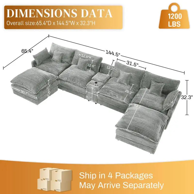 7-Pc 148-Inch Sectional Sofa Set with Center Console, Coffee Table & 6 Pillows - Ideal for Spacious Living & Meeting Rooms