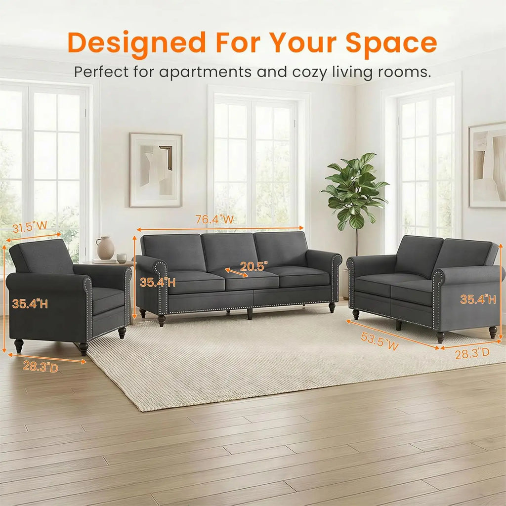 3 Piece Living Room Sofa Set, Linen Fabric Couch Set with Nailhead Trim, Modern Upholstered 6 Seat Sectional Sofa, Customized