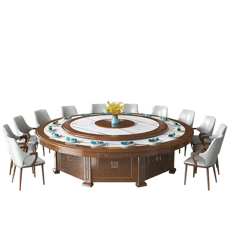 20 Seater Hotel Dining Table Electric Large Round Table Commercial Banquet Solid Wood Dinner Table