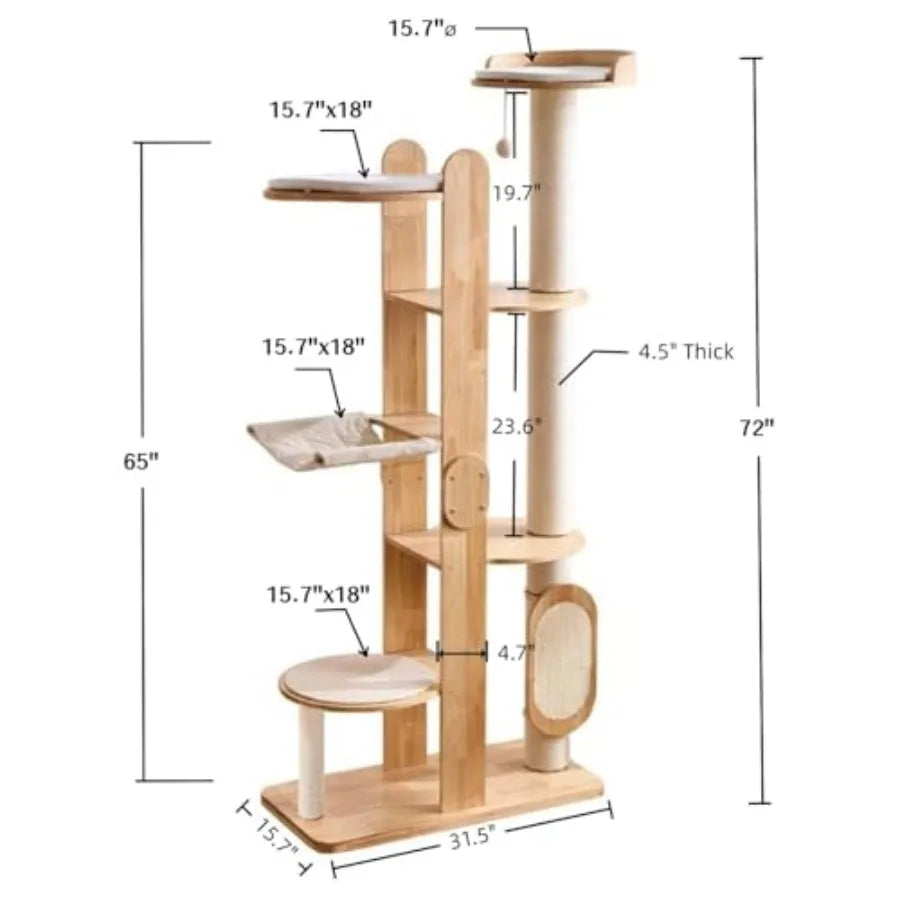 72-Inch Modern Cat Tree Tower Condo for Large Cat Natural Rubber Multi-Level Ladder with Hammock Sisal Scratching Post Large Pe