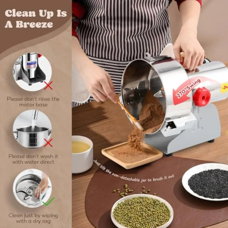 Commercial grain mill grinder for wheat corn rice pepper herbs coffee beans; stainless steel; silver; 2000g capacity 3000W dry