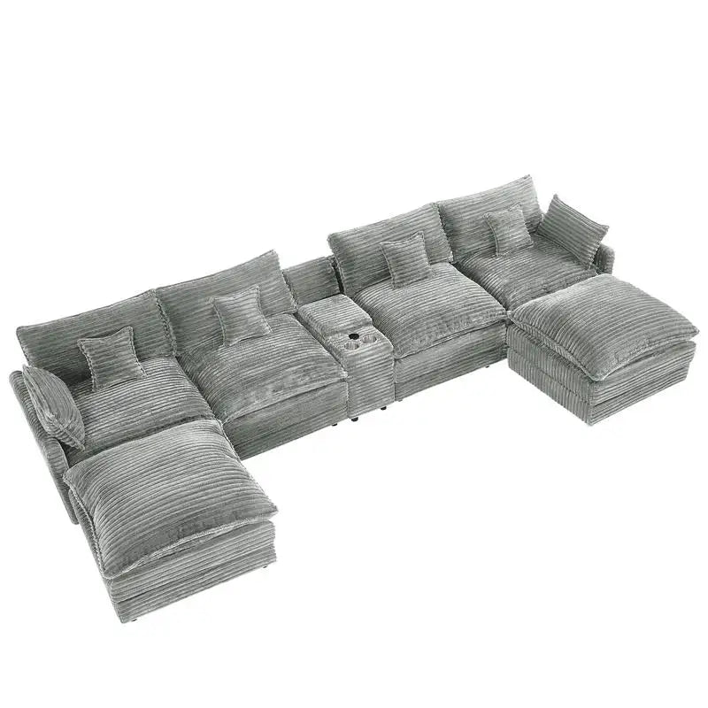 7-Pc 148-Inch Sectional Sofa Set with Center Console, Coffee Table & 6 Pillows - Ideal for Spacious Living & Meeting Rooms