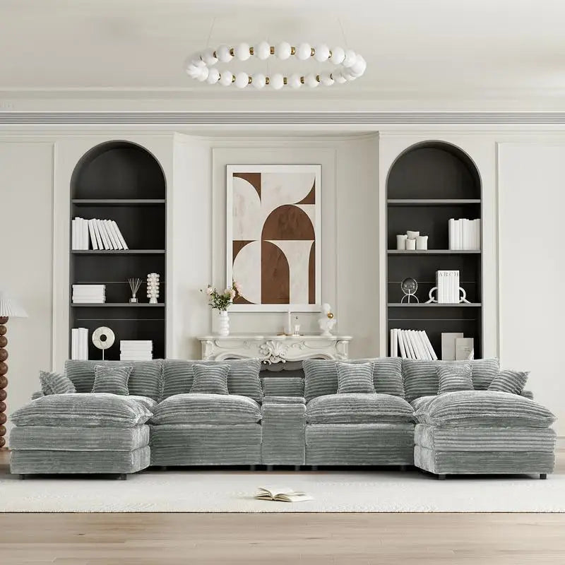 7-Pc 148-Inch Sectional Sofa Set with Center Console, Coffee Table & 6 Pillows - Ideal for Spacious Living & Meeting Rooms
