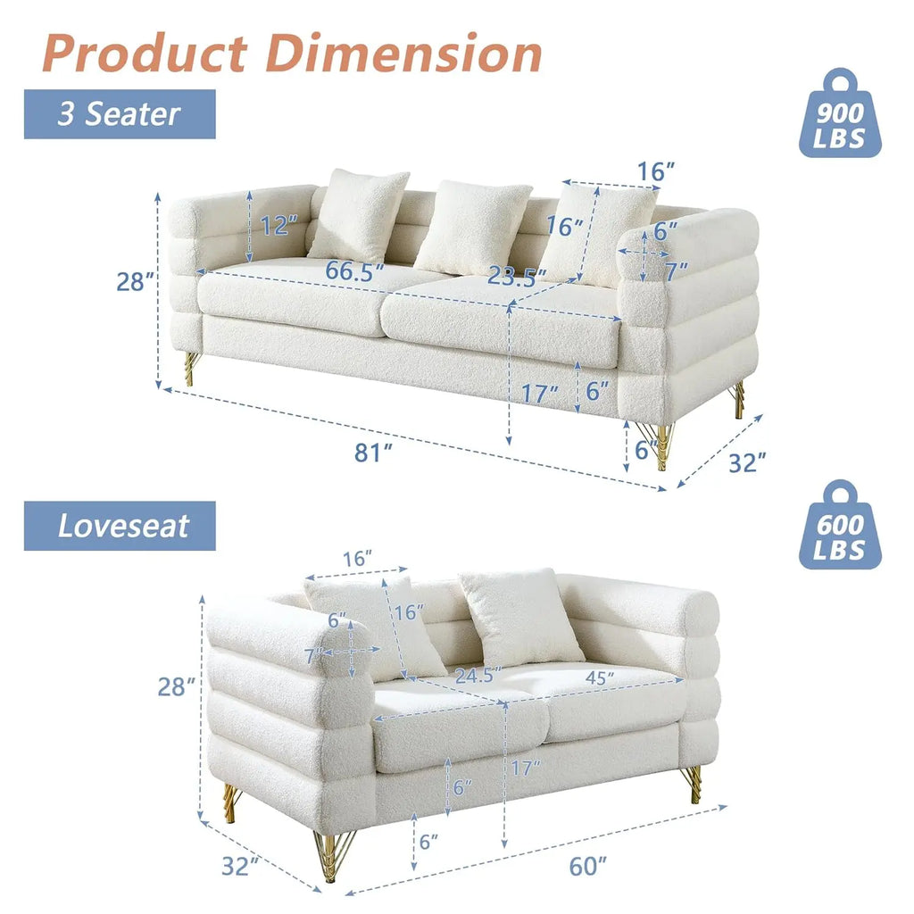 Luxury Teddy Fabric Sofa Set Modern 3 Seater & Loveseat with 5 Pillows for Living Room Apartment Office Hall, Customized
