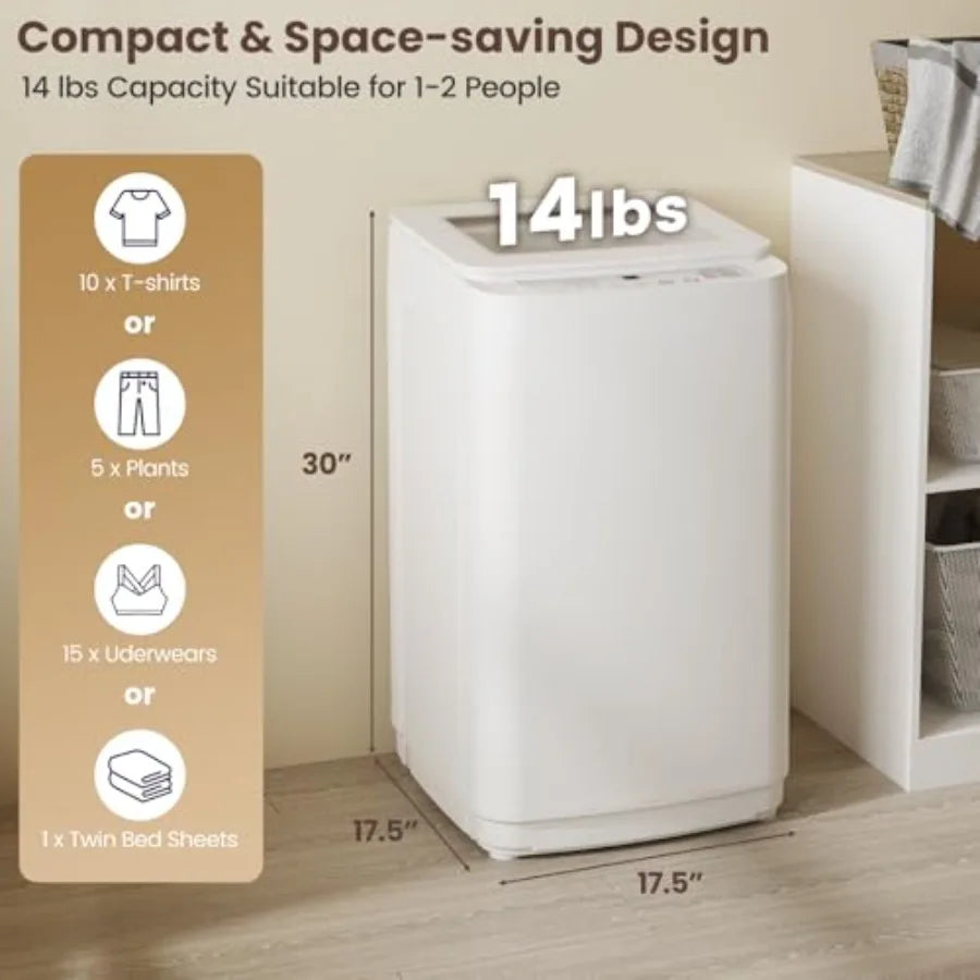 14 lbs Portable Washing Machine Fully Automatic Compact Washer with Glass Lid 10 Wash Cycles Spin Dryer Combo with Drain Pump f