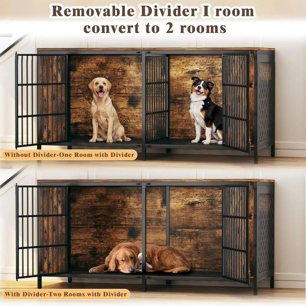 63" Large Double Dog Kennel Furniture for 2 Dogs – Extra Sturdy XXL Metal & Wooden Medium Dog Cage with Removable Divider, Dual