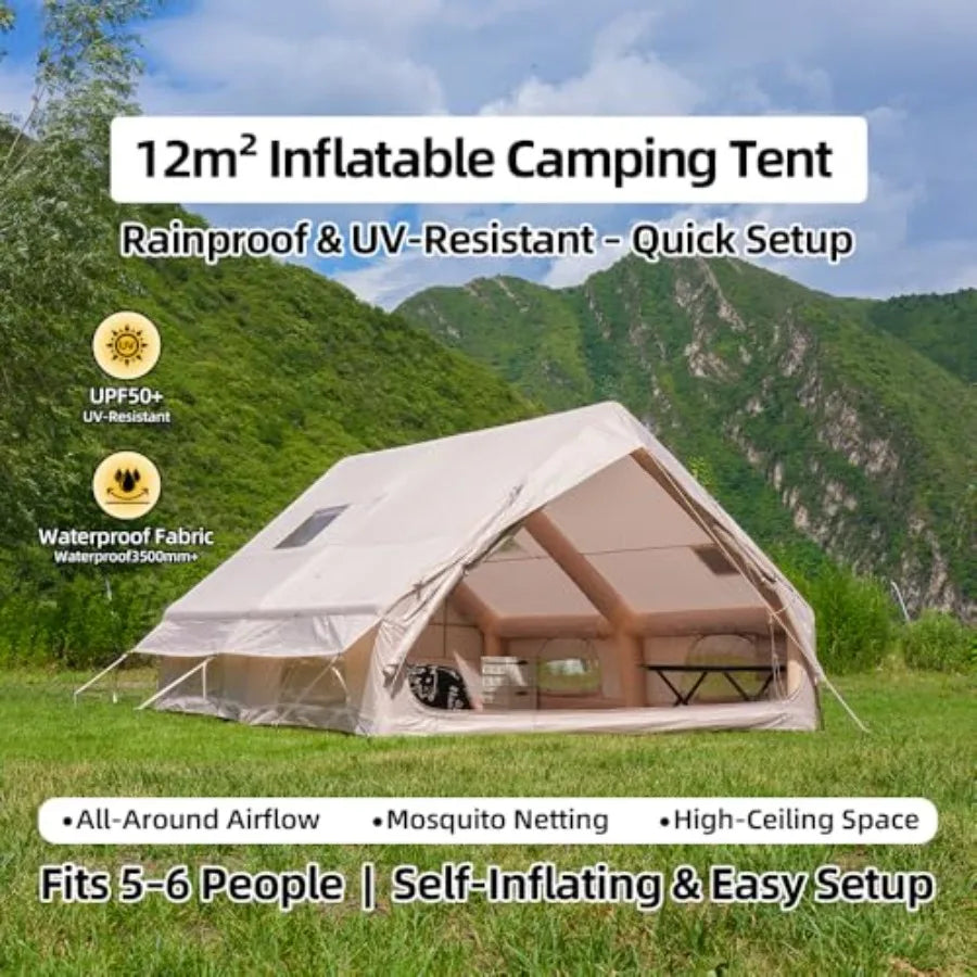 Inflatable Tents for Camping 4/6/8/10/12 Person Waterproof Ox Air Tent with Mesh Chimney Window Easy Setup Blow Up Tent Hand Pu