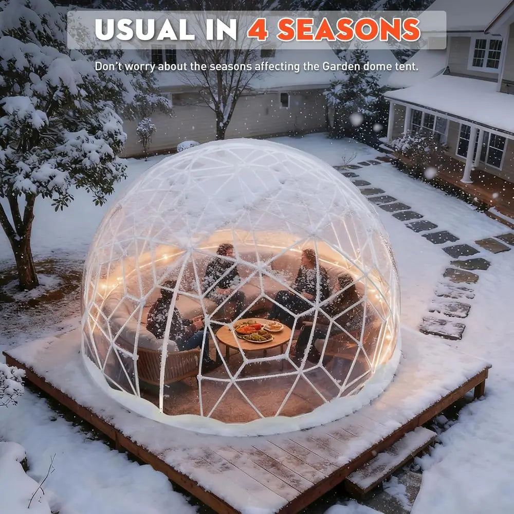 12.5T Geodesic Clear PVC Garden Dome Tent, Waterproof Bubble House with 2 x 10M Light Strings for Outdoor, Patio, Party (White E