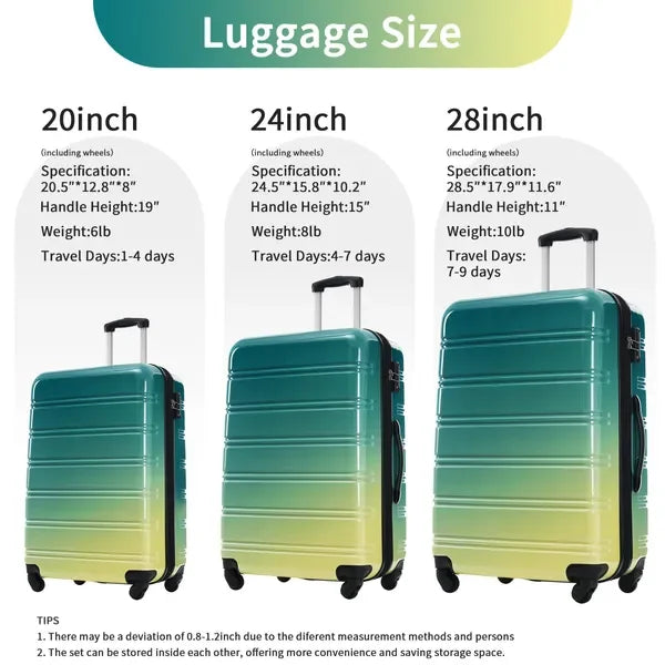 Hardshell Luggage Set 3-Piece Expandable Spinner Suitcase with TSA Lock, Lightweight 20' 24' 28', Green+Yellow