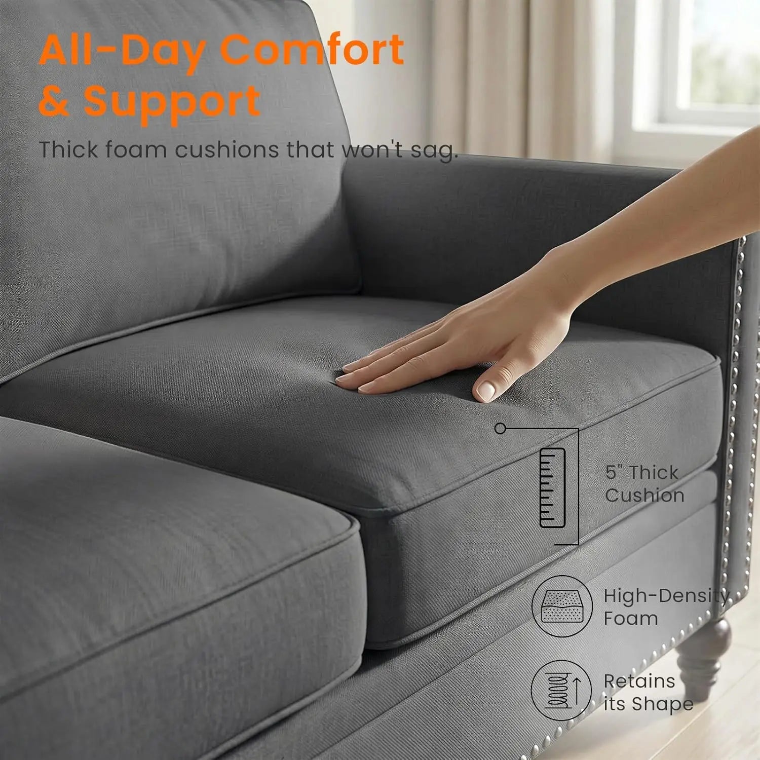 3 Piece Living Room Sofa Set, Linen Fabric Couch Set with Nailhead Trim, Modern Upholstered 6 Seat Sectional Sofa, Customized
