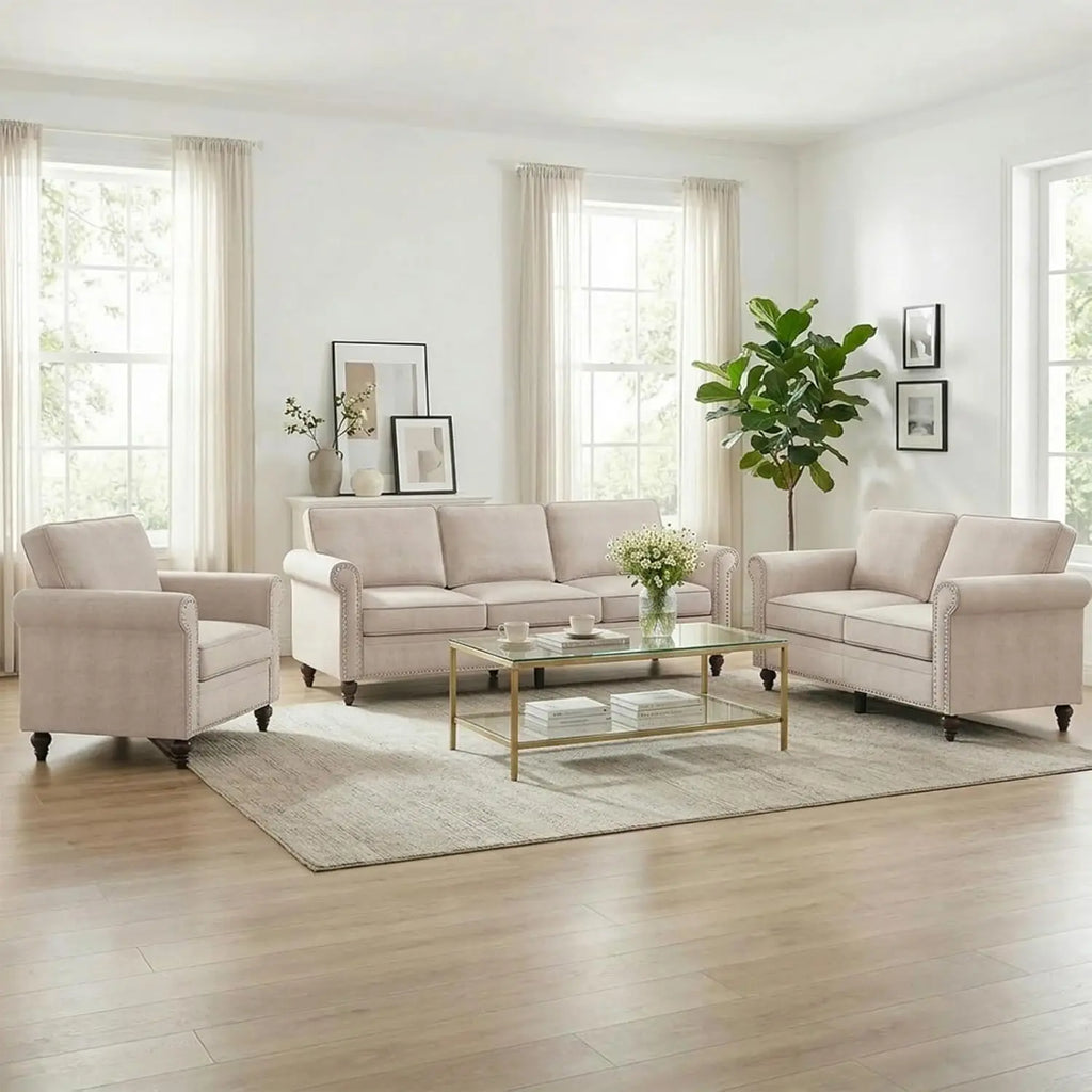 3 Piece Living Room Sofa Set, Linen Fabric Couch Set with Nailhead Trim, Modern Upholstered 6 Seat Sectional Sofa, Customized