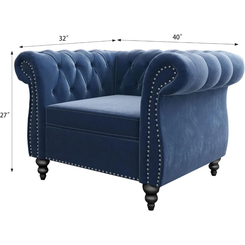 3 Piece Living Room Set, Velvet Chesterfield Sofa Loveseat Couch Chair with Scroll Arms and Nailhead for Living Room, Office (Bl
