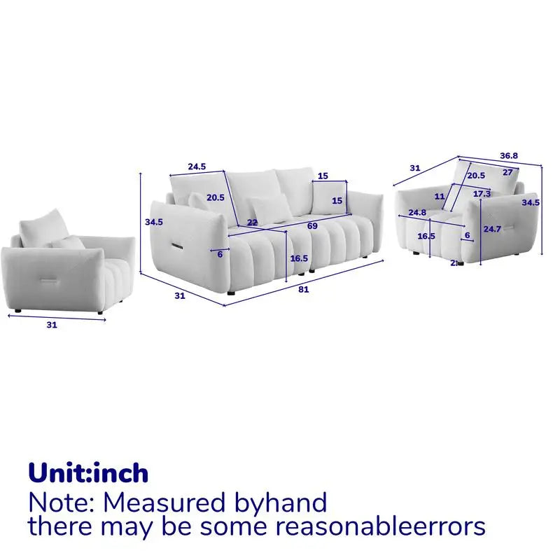 Modern Combo Sofa Set: 3-Seater + 2 Single Chairs, Teddy Fabric, Wooden Frame, 5 Cushions, Ideal for Apartments and Living
