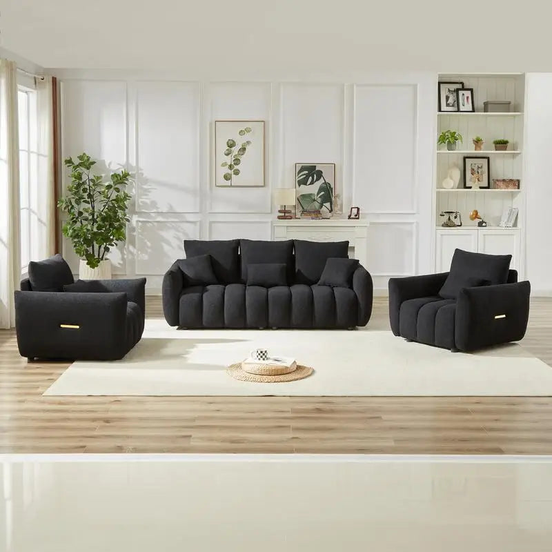 Modern Combo Sofa Set: 3-Seater + 2 Single Chairs, Teddy Fabric, Wooden Frame, 5 Cushions, Ideal for Apartments and Living