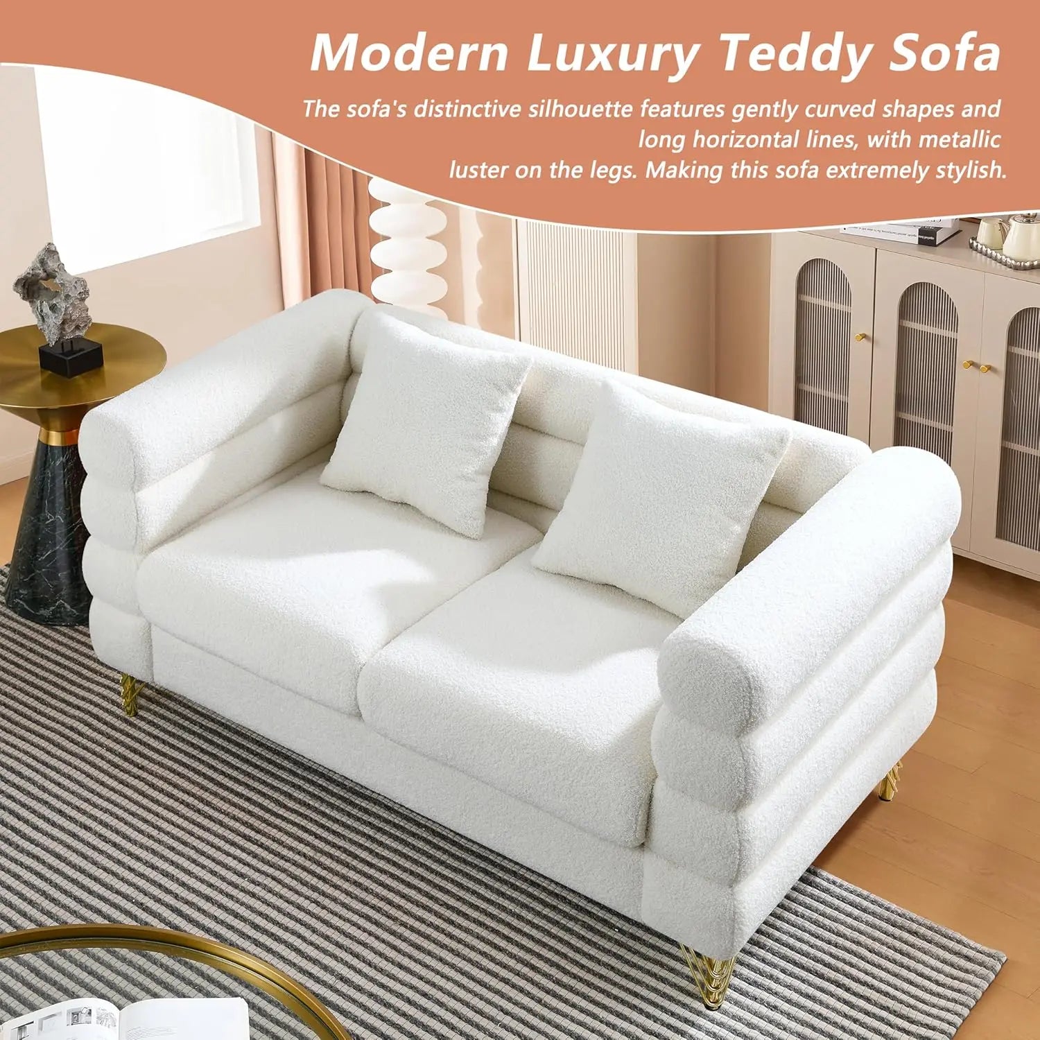 Luxury Teddy Fabric Sofa Set Modern 3 Seater & Loveseat with 5 Pillows for Living Room Apartment Office Hall, Customized