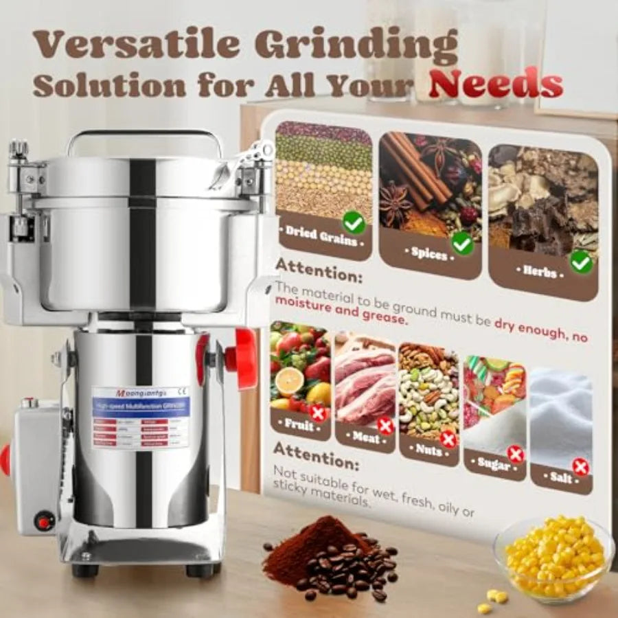 Commercial grain mill grinder for wheat corn rice pepper herbs coffee beans; stainless steel; silver; 2000g capacity 3000W dry