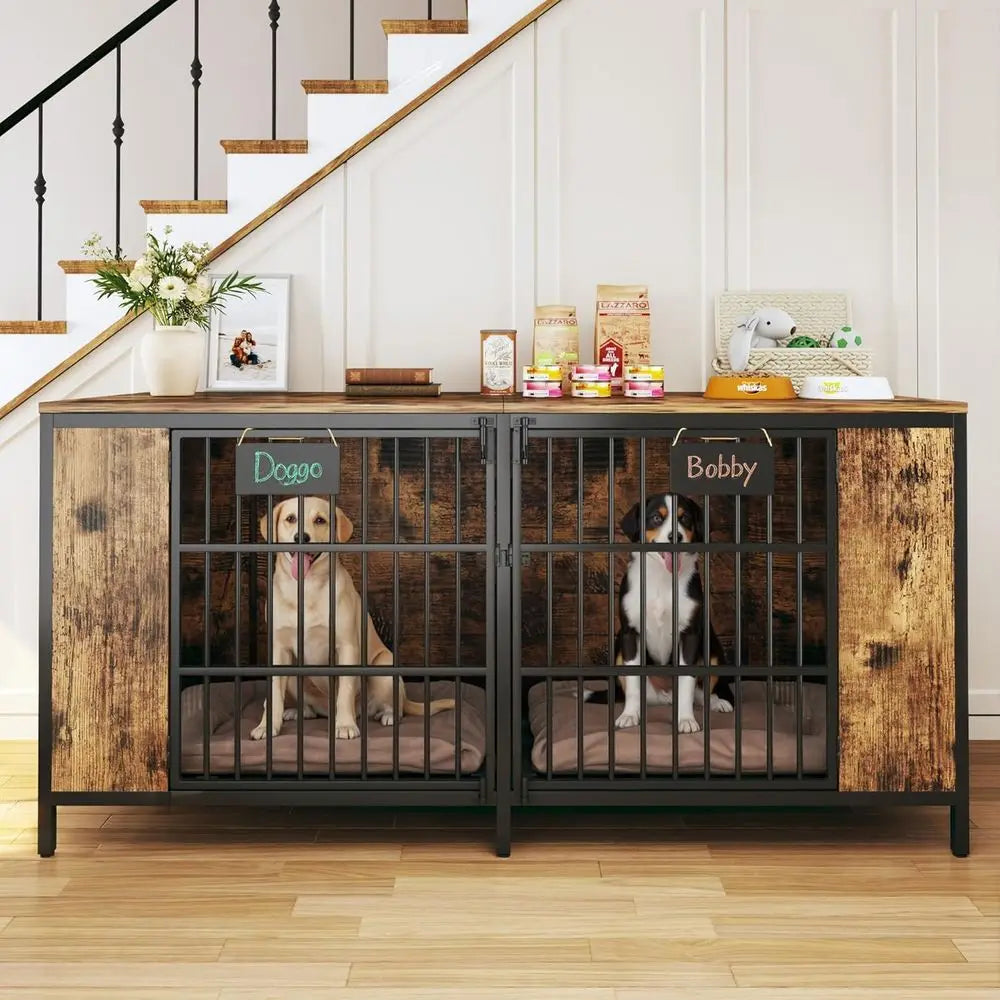 63" Large Double Dog Kennel Furniture for 2 Dogs – Extra Sturdy XXL Metal & Wooden Medium Dog Cage with Removable Divider, Dual