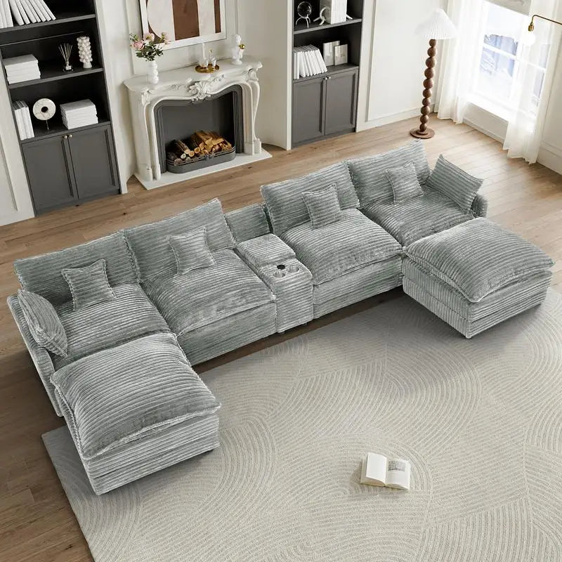 7-Pc 148-Inch Sectional Sofa Set with Center Console, Coffee Table & 6 Pillows - Ideal for Spacious Living & Meeting Rooms