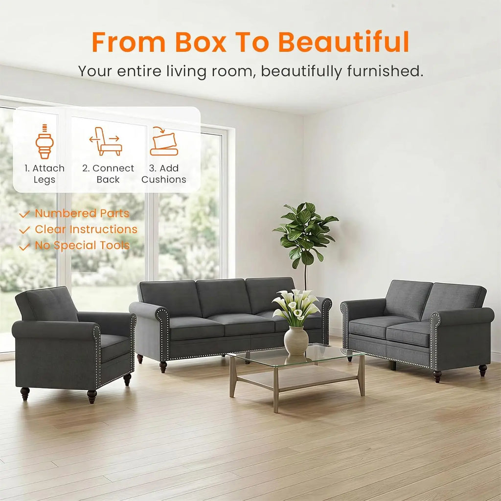 3 Piece Living Room Sofa Set, Linen Fabric Couch Set with Nailhead Trim, Modern Upholstered 6 Seat Sectional Sofa, Customized