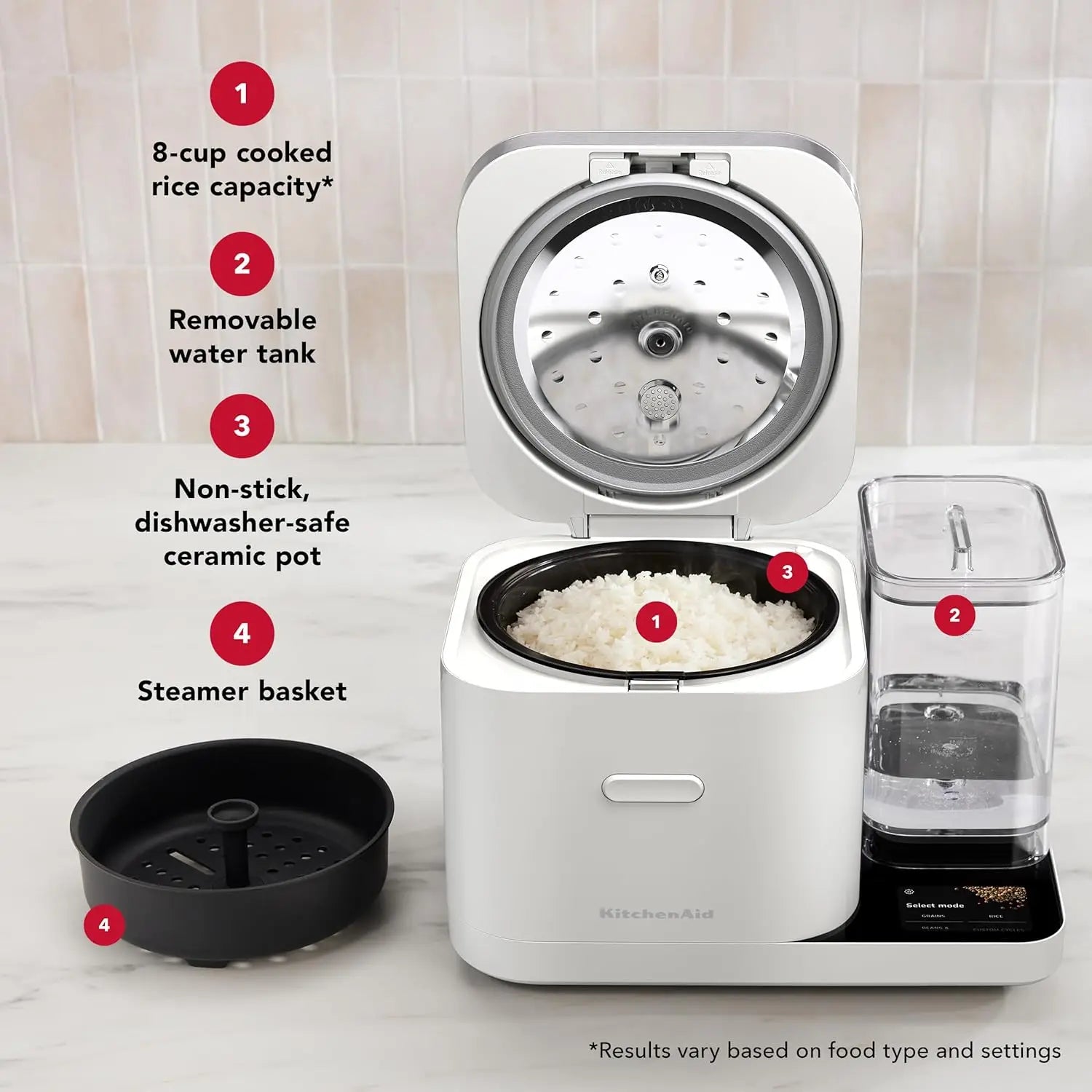 8-Cup Rice Cooker with Auto-Sensing Scale & Water Tank, Porcelain White, KGC3155