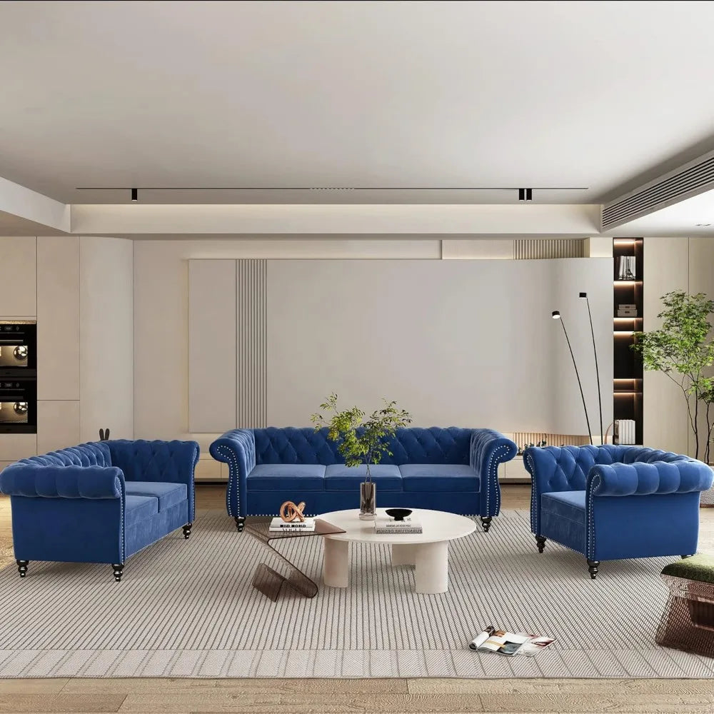 3 Piece Living Room Set, Velvet Chesterfield Sofa Loveseat Couch Chair with Scroll Arms and Nailhead for Living Room, Office (Bl